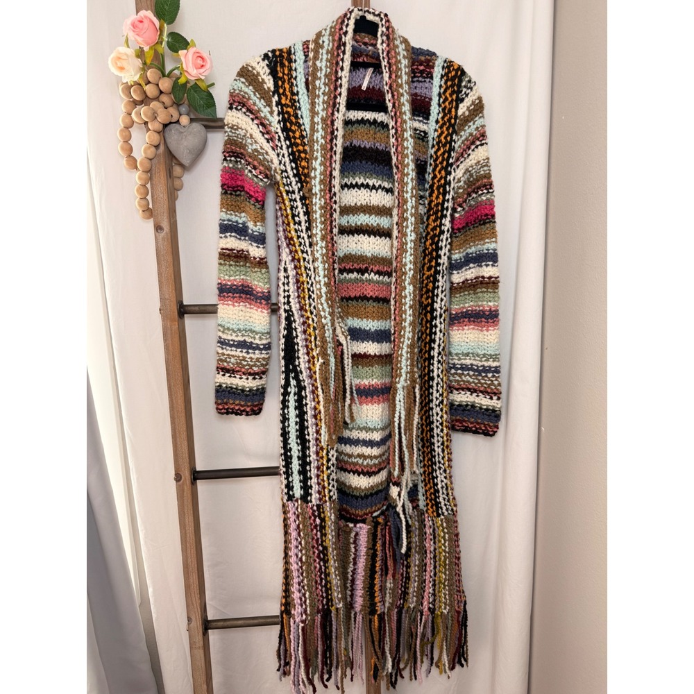 Free People Multi Color Striped Fringe Duster Cardigan Wool Blend XS Rare